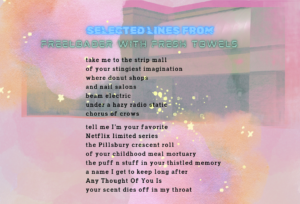 Image of an abandoned strip mall with a pink textured pattern over it. Over the image is a poem titled "Freeloader with Fresh Towels"