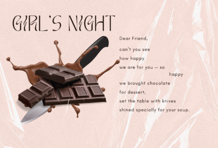 light pink background with image of chocolate bars and a knife behind it, next to the image is a poem titled Girl's Night