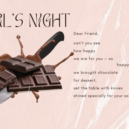 light pink background with image of chocolate bars and a knife behind it, next to the image is a poem titled Girl's Night