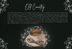 illustration og a cup of coffee and a poem titled Old Country in white script above it