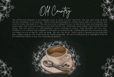 illustration og a cup of coffee and a poem titled Old Country in white script above it